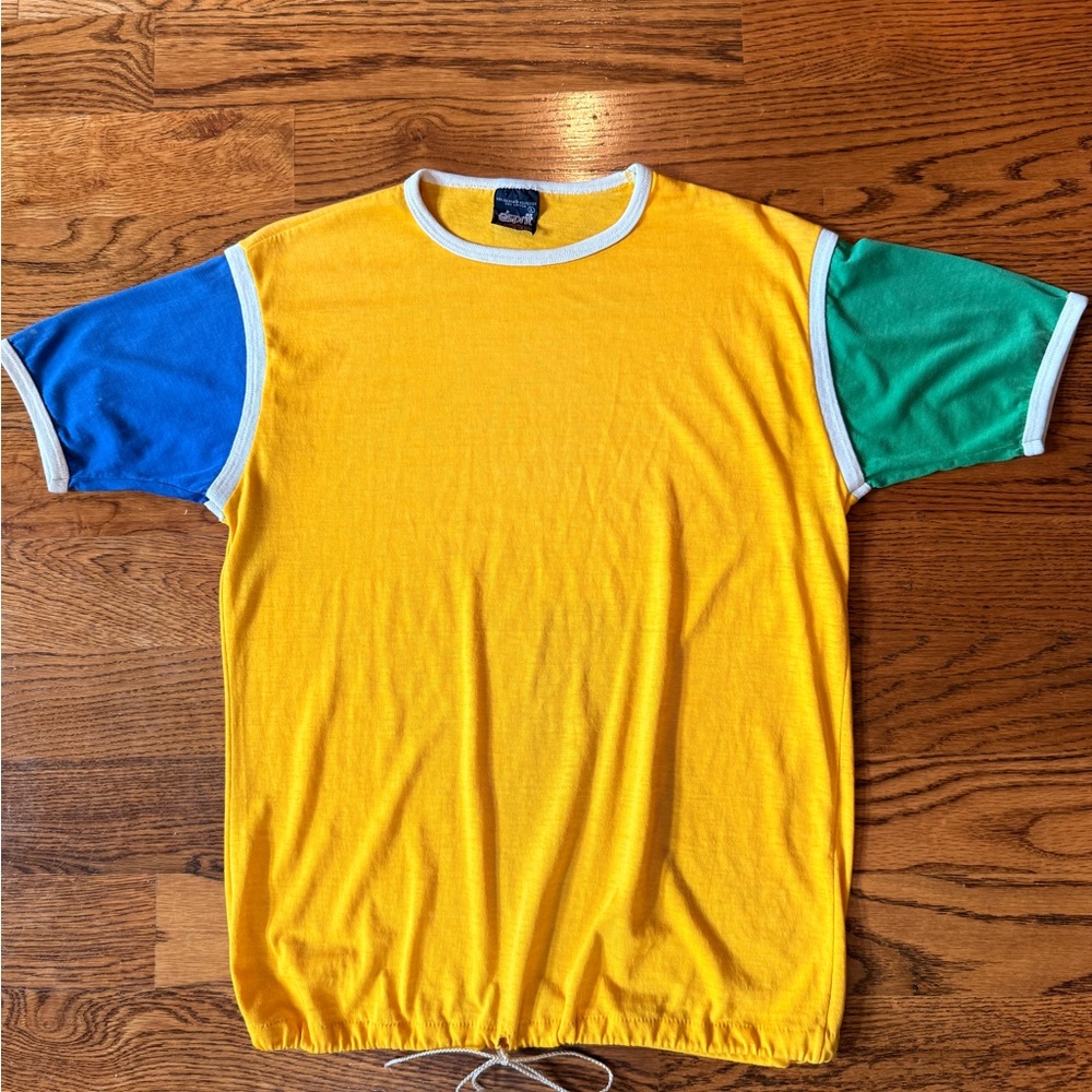 Vintage Esprit Yellow T-Shirt with Blue and Green Sleeves